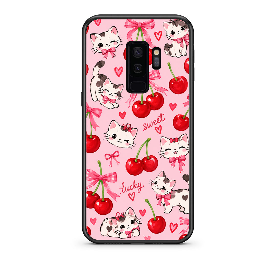 Θήκη Samsung Galaxy S9+ Cherries Bows and Kittens on Pink από τη Smartfits με σχέδιο στο πίσω μέρος και μαύρο περίβλημα | Samsung Galaxy S9+ Cherries Bows and Kittens on Pink case with colorful back and black bezels