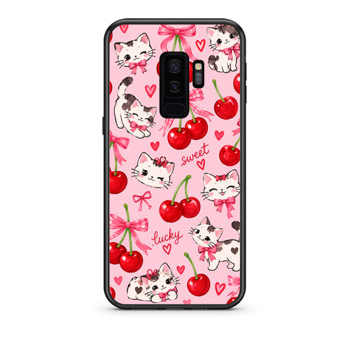 Θήκη Samsung Galaxy S9+ Cherries Bows and Kittens on Pink από τη Smartfits με σχέδιο στο πίσω μέρος και μαύρο περίβλημα | Samsung Galaxy S9+ Cherries Bows and Kittens on Pink case with colorful back and black bezels