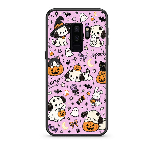 Θήκη Samsung Galaxy S9+ Halloween Puppies and Friends on Lilac από τη Smartfits με σχέδιο στο πίσω μέρος και μαύρο περίβλημα | Samsung Galaxy S9+ Halloween Puppies and Friends on Lilac case with colorful back and black bezels