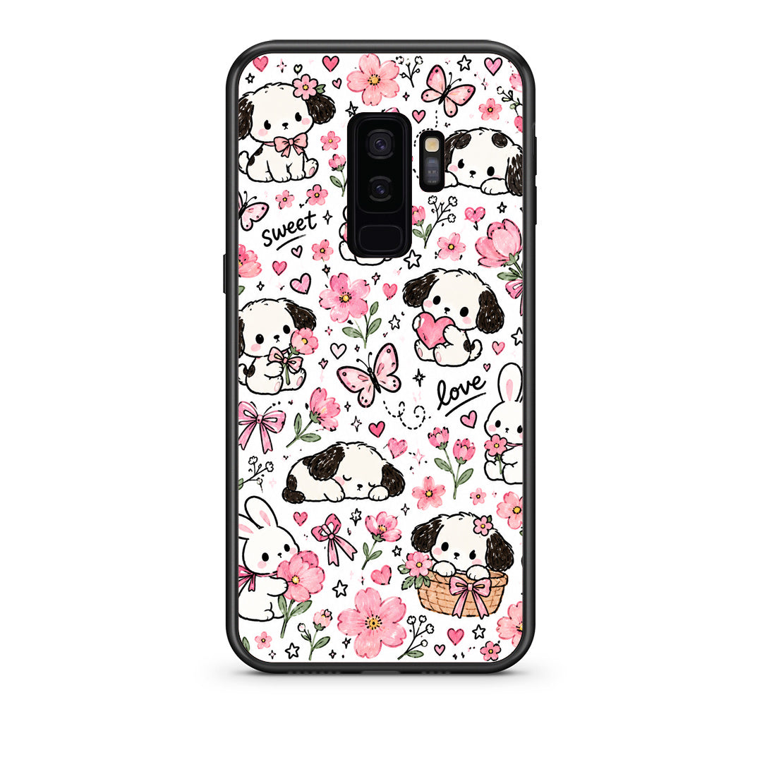 Θήκη Samsung Galaxy S9+ Pink Florals Puppies and Bunnies on White από τη Smartfits με σχέδιο στο πίσω μέρος και μαύρο περίβλημα | Samsung Galaxy S9+ Pink Florals Puppies and Bunnies on White case with colorful back and black bezels