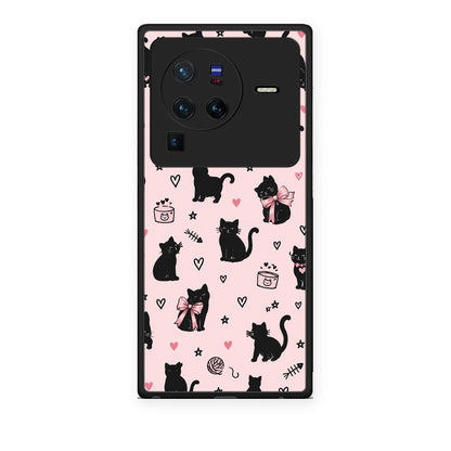 Θήκη Vivo X80 Pro 5G Black Cat Doodles on Pink από τη Smartfits με σχέδιο στο πίσω μέρος και μαύρο περίβλημα | Vivo X80 Pro 5G Black Cat Doodles on Pink case with colorful back and black bezels
