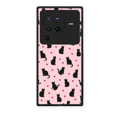 Θήκη Vivo X80 Pro 5G Black Cat Silhouettes and Hearts on Pink από τη Smartfits με σχέδιο στο πίσω μέρος και μαύρο περίβλημα | Vivo X80 Pro 5G Black Cat Silhouettes and Hearts on Pink case with colorful back and black bezels