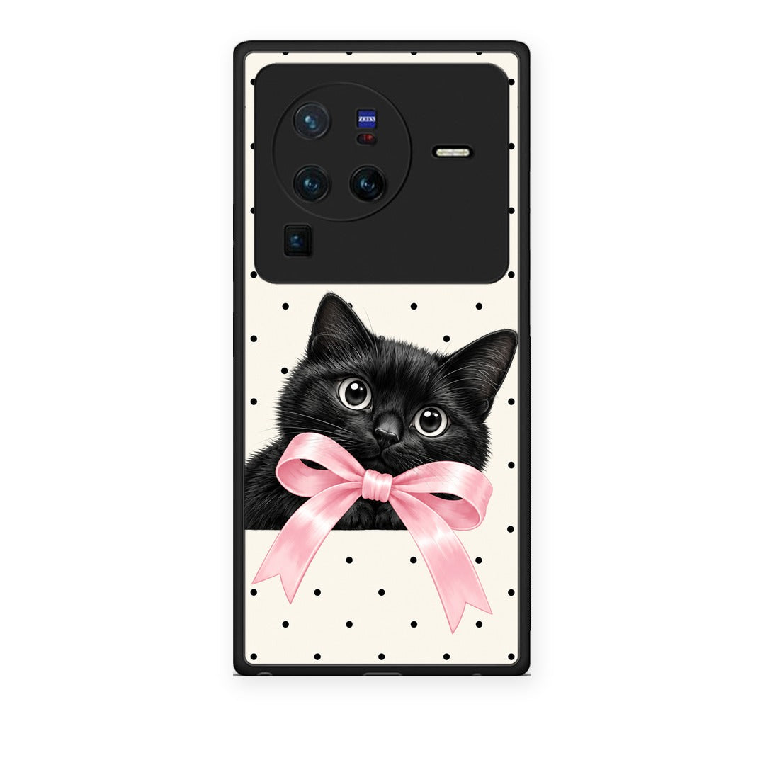 Θήκη Vivo X80 Pro 5G Black Kitten Pink Bow and Polka Dots από τη Smartfits με σχέδιο στο πίσω μέρος και μαύρο περίβλημα | Vivo X80 Pro 5G Black Kitten Pink Bow and Polka Dots case with colorful back and black bezels