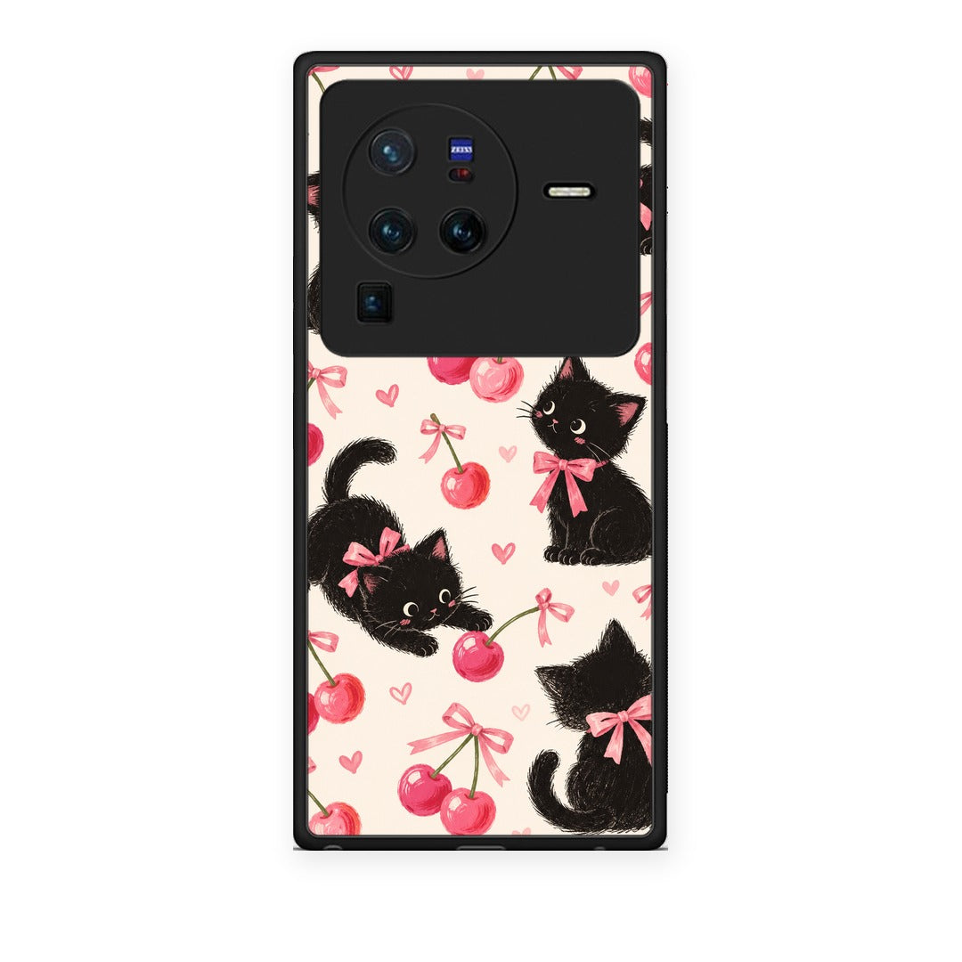 Θήκη Vivo X80 Pro 5G Black Kittens and Cherries on Cream από τη Smartfits με σχέδιο στο πίσω μέρος και μαύρο περίβλημα | Vivo X80 Pro 5G Black Kittens and Cherries on Cream case with colorful back and black bezels