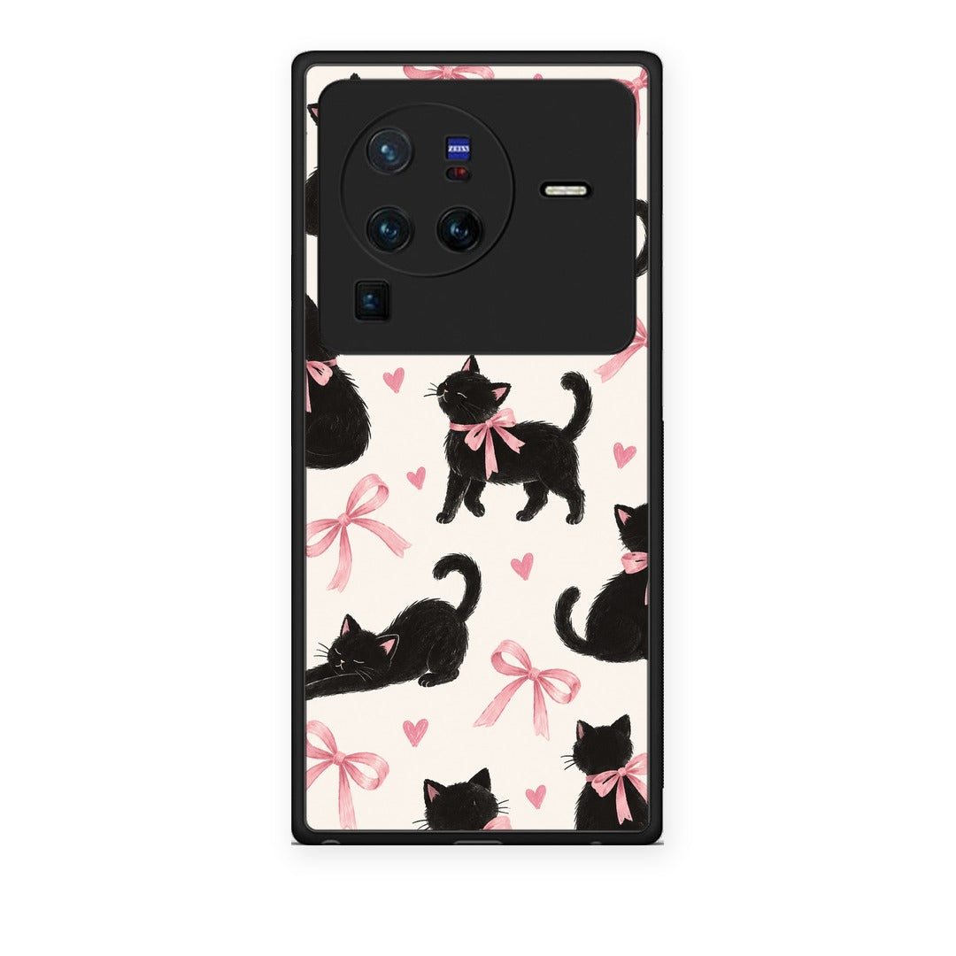 Θήκη Vivo X80 Pro 5G Black Kittens and Pink Bows on Cream Large από τη Smartfits με σχέδιο στο πίσω μέρος και μαύρο περίβλημα | Vivo X80 Pro 5G Black Kittens and Pink Bows on Cream Large case with colorful back and black bezels