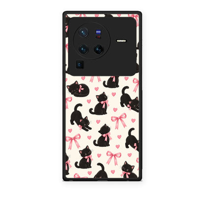 Θήκη Vivo X80 Pro 5G Black Kittens and Pink Bows on Cream Small από τη Smartfits με σχέδιο στο πίσω μέρος και μαύρο περίβλημα | Vivo X80 Pro 5G Black Kittens and Pink Bows on Cream Small case with colorful back and black bezels
