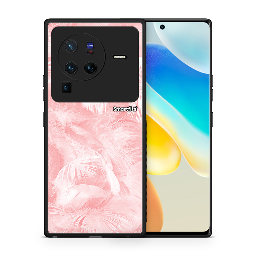 Θήκη Vivo X80 Pro 5G Pink Feather Boho από τη Smartfits με σχέδιο στο πίσω μέρος και μαύρο περίβλημα | Vivo X80 Pro 5G Pink Feather Boho case with colorful back and black bezels