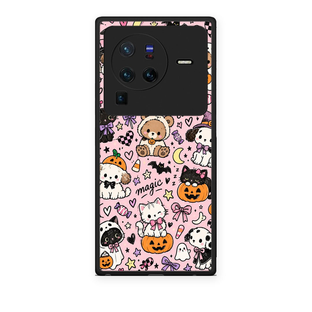 Θήκη Vivo X80 Pro 5G Halloween Cute Animals on Pink από τη Smartfits με σχέδιο στο πίσω μέρος και μαύρο περίβλημα | Vivo X80 Pro 5G Halloween Cute Animals on Pink case with colorful back and black bezels
