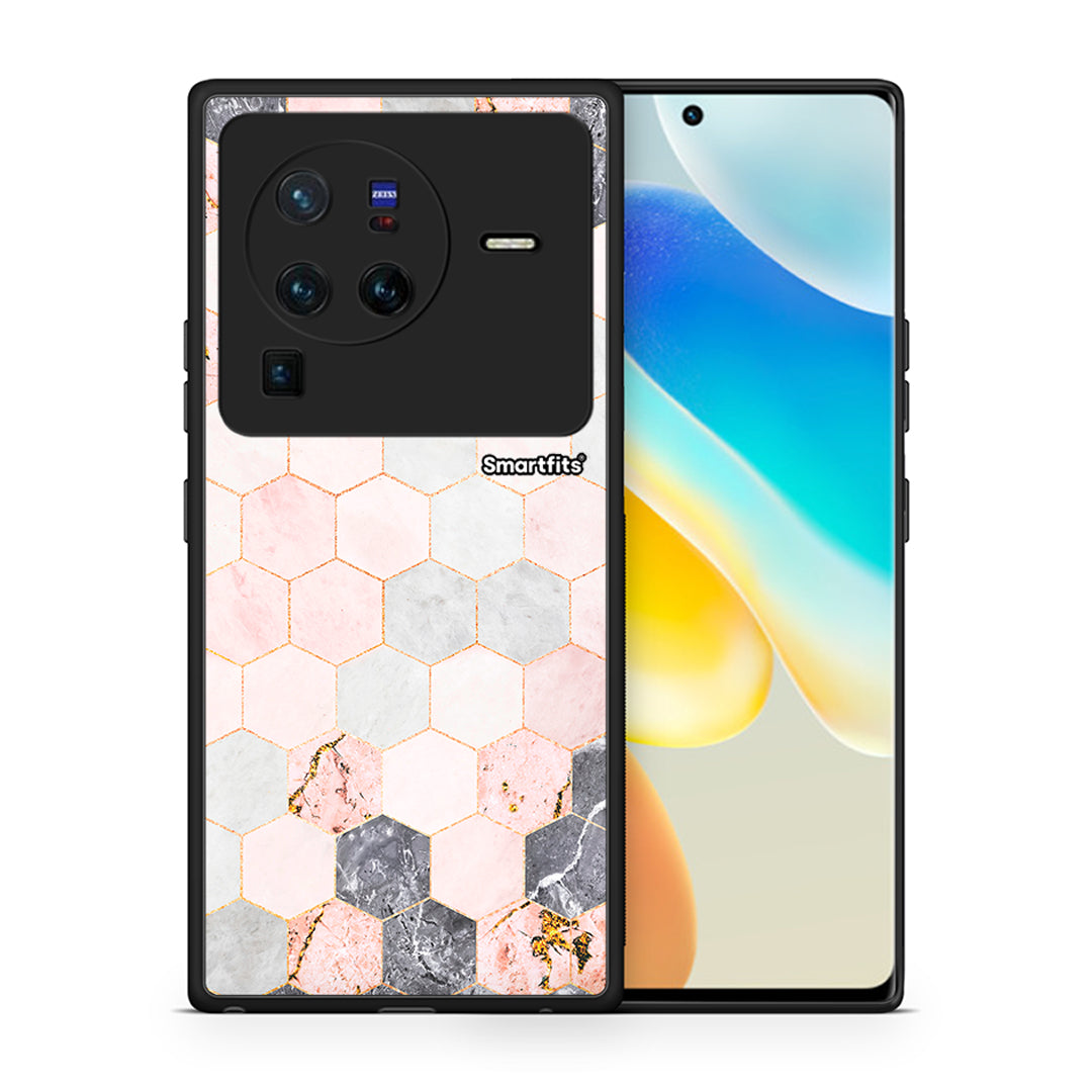 Θήκη Vivo X80 Pro 5G Hexagon Pink Marble από τη Smartfits με σχέδιο στο πίσω μέρος και μαύρο περίβλημα | Vivo X80 Pro 5G Hexagon Pink Marble case with colorful back and black bezels