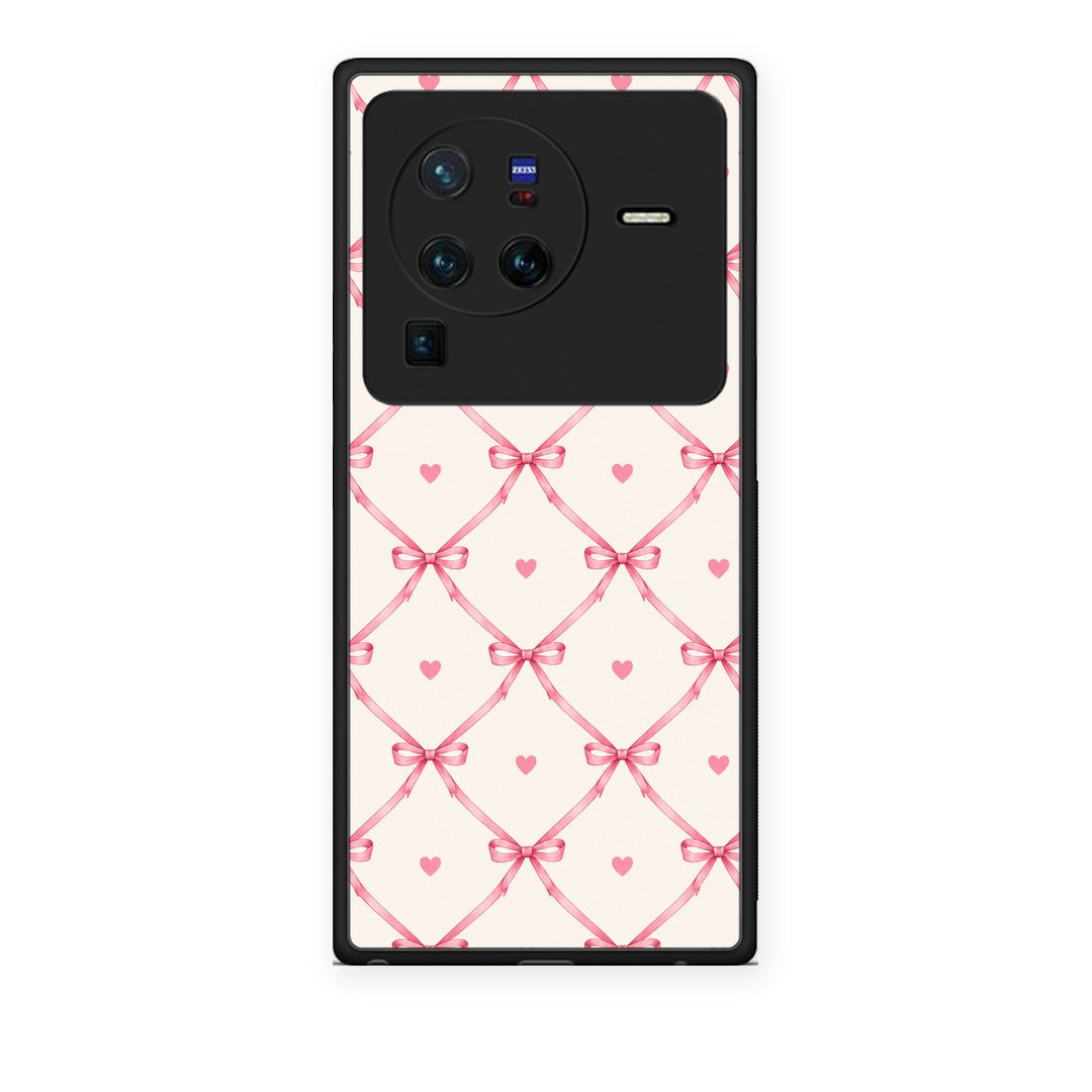 Θήκη Vivo X80 Pro 5G Pink Bow Lattice and Hearts on Cream από τη Smartfits με σχέδιο στο πίσω μέρος και μαύρο περίβλημα | Vivo X80 Pro 5G Pink Bow Lattice and Hearts on Cream case with colorful back and black bezels