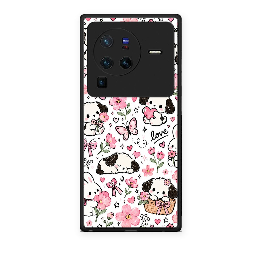 Θήκη Vivo X80 Pro 5G Pink Florals Puppies and Bunnies on White από τη Smartfits με σχέδιο στο πίσω μέρος και μαύρο περίβλημα | Vivo X80 Pro 5G Pink Florals Puppies and Bunnies on White case with colorful back and black bezels