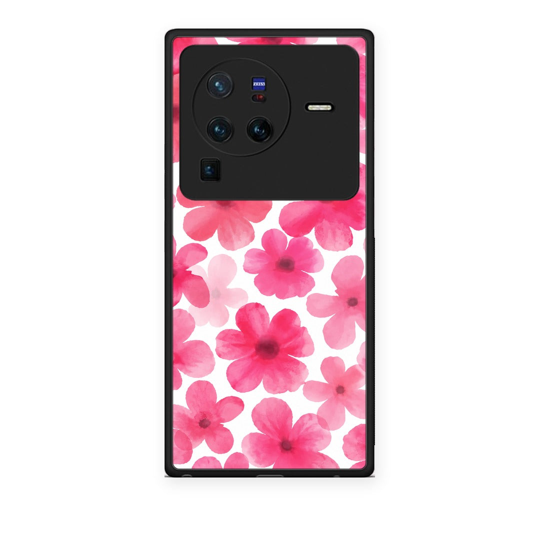 Θήκη Vivo X80 Pro 5G Pink Watercolour Flowers on White από τη Smartfits με σχέδιο στο πίσω μέρος και μαύρο περίβλημα | Vivo X80 Pro 5G Pink Watercolour Flowers on White case with colorful back and black bezels
