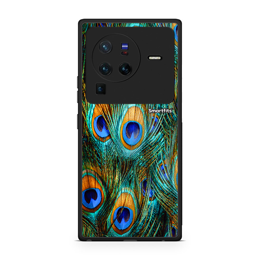 Vivo X80 Pro 5G Real Peacock Feathers θήκη από τη Smartfits με σχέδιο στο πίσω μέρος και μαύρο περίβλημα | Smartphone case with colorful back and black bezels by Smartfits