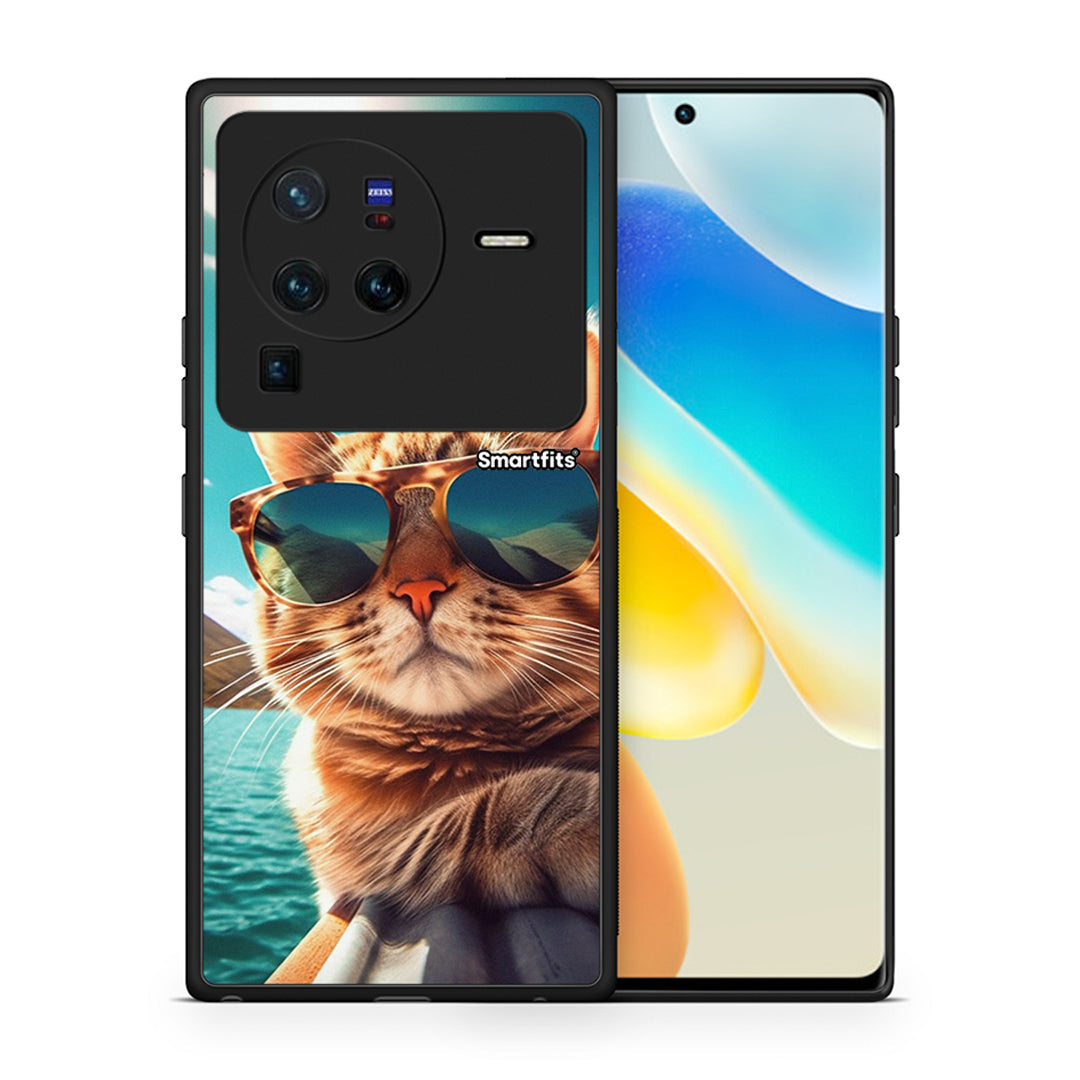 Θήκη Vivo X80 Pro 5G Summer Cat από τη Smartfits με σχέδιο στο πίσω μέρος και μαύρο περίβλημα | Vivo X80 Pro 5G Summer Cat case with colorful back and black bezels