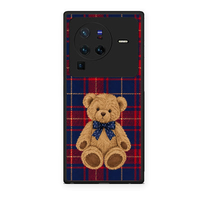 Θήκη Vivo X80 Pro 5G Teddy Bear on Red and Navy Tartan από τη Smartfits με σχέδιο στο πίσω μέρος και μαύρο περίβλημα | Vivo X80 Pro 5G Teddy Bear on Red and Navy Tartan case with colorful back and black bezels
