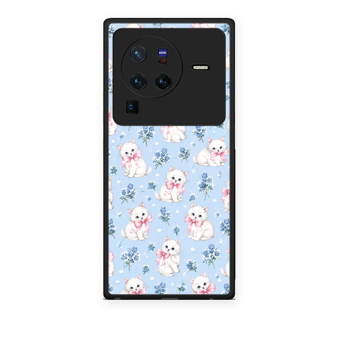 Θήκη Vivo X80 Pro 5G White Kittens and Blue Flowers Small από τη Smartfits με σχέδιο στο πίσω μέρος και μαύρο περίβλημα | Vivo X80 Pro 5G White Kittens and Blue Flowers Small case with colorful back and black bezels