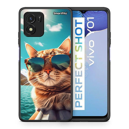 Θήκη Vivo Y01 / Y15s Summer Cat από τη Smartfits με σχέδιο στο πίσω μέρος και μαύρο περίβλημα | Vivo Y01 / Y15s Summer Cat case with colorful back and black bezels