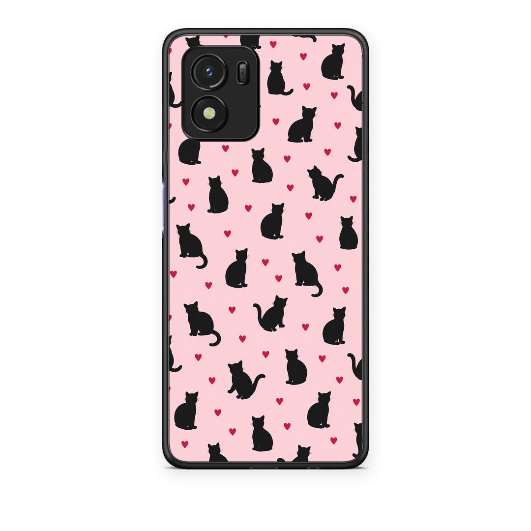 Θήκη Vivo Y01 / Y15s Black Cat Silhouettes and Hearts on Pink από τη Smartfits με σχέδιο στο πίσω μέρος και μαύρο περίβλημα | Vivo Y01 / Y15s Black Cat Silhouettes and Hearts on Pink case with colorful back and black bezels
