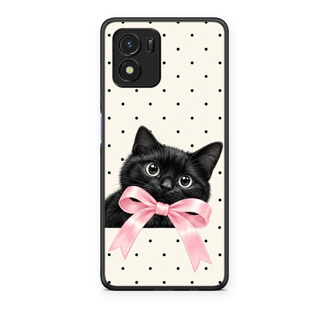 Θήκη Vivo Y01 / Y15s Black Kitten Pink Bow and Polka Dots από τη Smartfits με σχέδιο στο πίσω μέρος και μαύρο περίβλημα | Vivo Y01 / Y15s Black Kitten Pink Bow and Polka Dots case with colorful back and black bezels