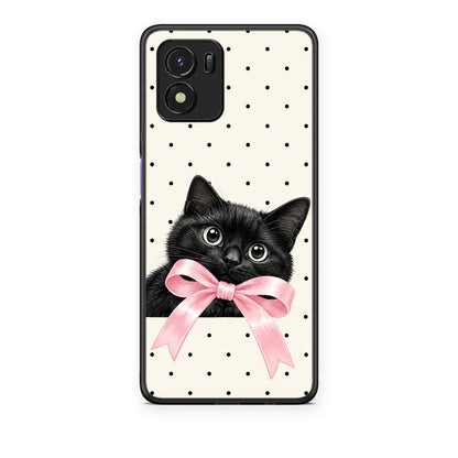 Θήκη Vivo Y01 / Y15s Black Kitten Pink Bow and Polka Dots από τη Smartfits με σχέδιο στο πίσω μέρος και μαύρο περίβλημα | Vivo Y01 / Y15s Black Kitten Pink Bow and Polka Dots case with colorful back and black bezels