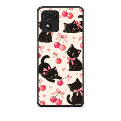 Θήκη Vivo Y01 / Y15s Black Kittens and Cherries on Cream από τη Smartfits με σχέδιο στο πίσω μέρος και μαύρο περίβλημα | Vivo Y01 / Y15s Black Kittens and Cherries on Cream case with colorful back and black bezels