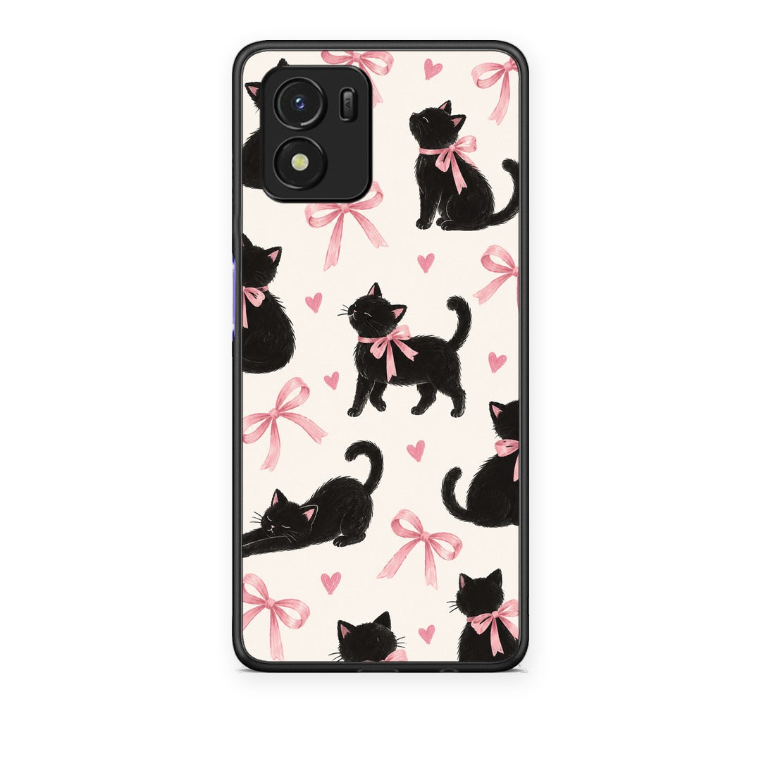 Θήκη Vivo Y01 / Y15s Black Kittens and Pink Bows on Cream Large από τη Smartfits με σχέδιο στο πίσω μέρος και μαύρο περίβλημα | Vivo Y01 / Y15s Black Kittens and Pink Bows on Cream Large case with colorful back and black bezels