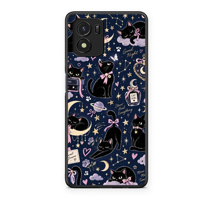 Θήκη Vivo Y01 / Y15s Celestial Black Cats on Navy από τη Smartfits με σχέδιο στο πίσω μέρος και μαύρο περίβλημα | Vivo Y01 / Y15s Celestial Black Cats on Navy case with colorful back and black bezels