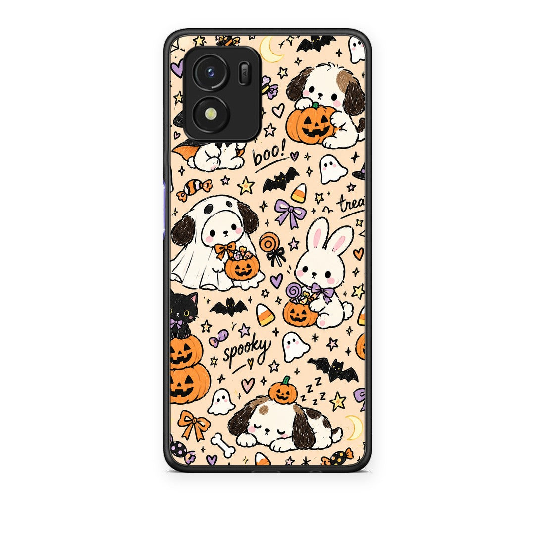 Θήκη Vivo Y01 / Y15s Halloween Puppies and Friends on Cream από τη Smartfits με σχέδιο στο πίσω μέρος και μαύρο περίβλημα | Vivo Y01 / Y15s Halloween Puppies and Friends on Cream case with colorful back and black bezels