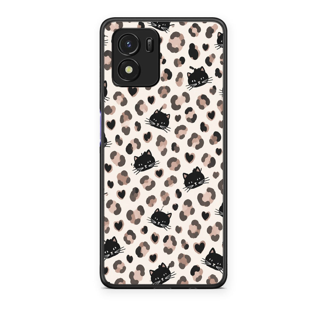Θήκη Vivo Y01 / Y15s Leopard Spots and Black Cats on Cream από τη Smartfits με σχέδιο στο πίσω μέρος και μαύρο περίβλημα | Vivo Y01 / Y15s Leopard Spots and Black Cats on Cream case with colorful back and black bezels