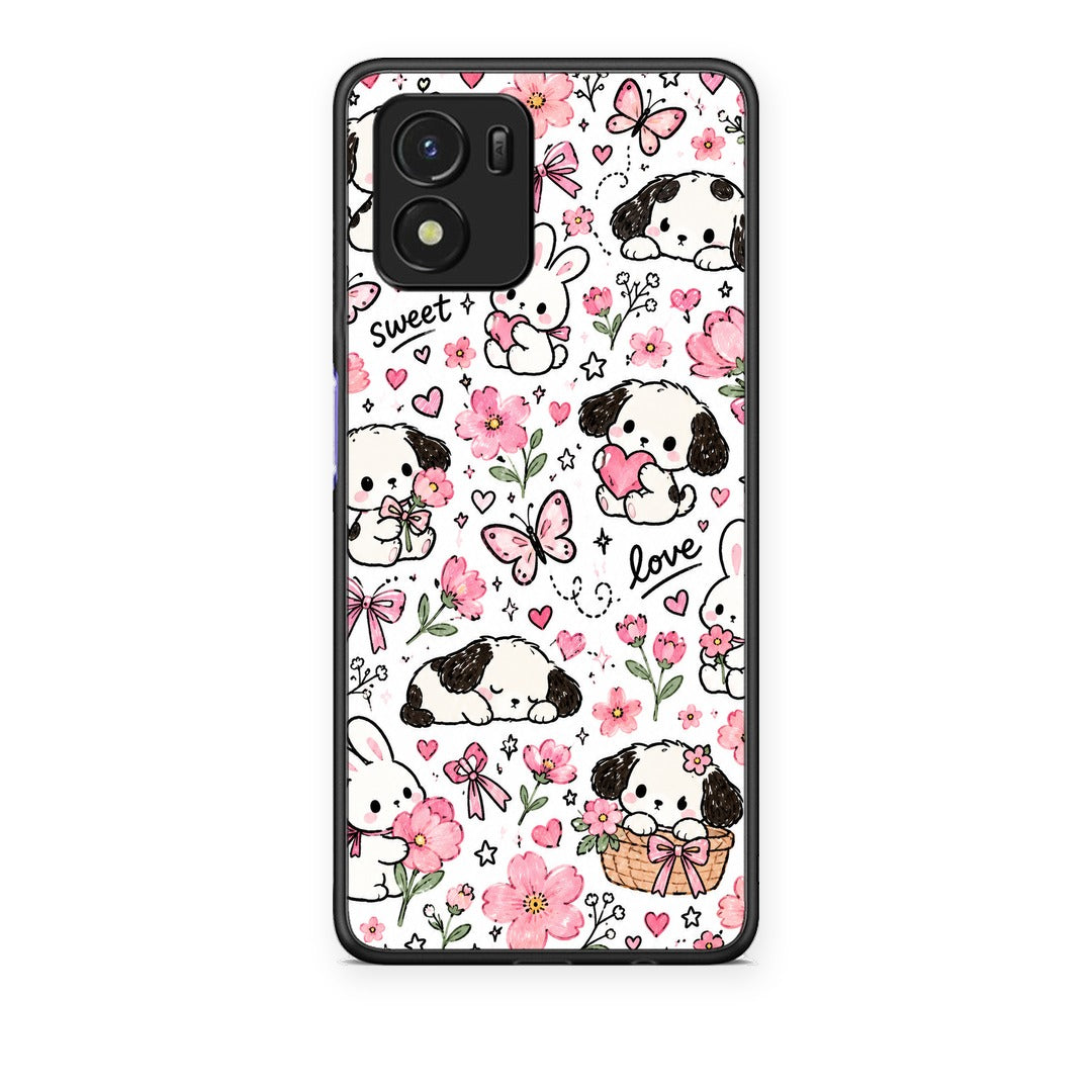 Θήκη Vivo Y01 / Y15s Pink Florals Puppies and Bunnies on White από τη Smartfits με σχέδιο στο πίσω μέρος και μαύρο περίβλημα | Vivo Y01 / Y15s Pink Florals Puppies and Bunnies on White case with colorful back and black bezels