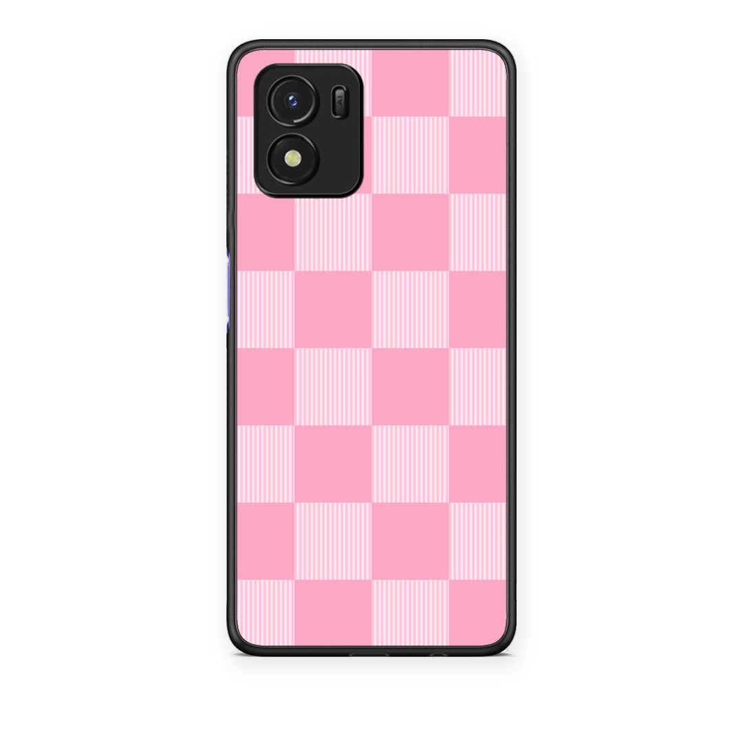 Θήκη Vivo Y01 / Y15s Pink and White Striped Checks από τη Smartfits με σχέδιο στο πίσω μέρος και μαύρο περίβλημα | Vivo Y01 / Y15s Pink and White Striped Checks case with colorful back and black bezels