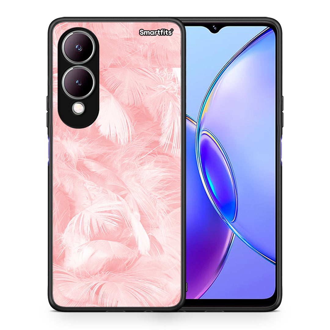 Θήκη Vivo Y17s Pink Feather Boho από τη Smartfits με σχέδιο στο πίσω μέρος και μαύρο περίβλημα | Vivo Y17s Pink Feather Boho case with colorful back and black bezels