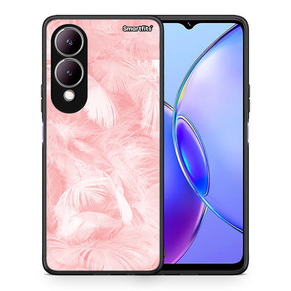 Θήκη Vivo Y17s Pink Feather Boho από τη Smartfits με σχέδιο στο πίσω μέρος και μαύρο περίβλημα | Vivo Y17s Pink Feather Boho case with colorful back and black bezels