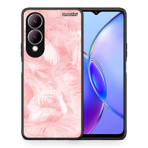 Θήκη Vivo Y17s Pink Feather Boho από τη Smartfits με σχέδιο στο πίσω μέρος και μαύρο περίβλημα | Vivo Y17s Pink Feather Boho case with colorful back and black bezels