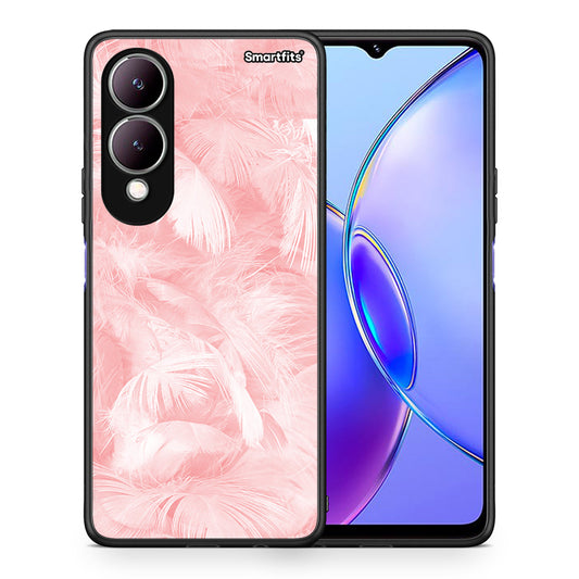 Θήκη Vivo Y17s Pink Feather Boho από τη Smartfits με σχέδιο στο πίσω μέρος και μαύρο περίβλημα | Vivo Y17s Pink Feather Boho case with colorful back and black bezels