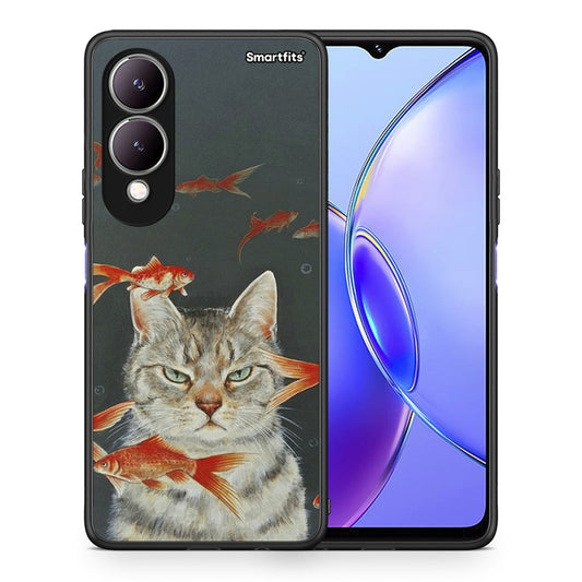 Θήκη Vivo Y17s Cat Goldfish από τη Smartfits με σχέδιο στο πίσω μέρος και μαύρο περίβλημα | Vivo Y17s Cat Goldfish case with colorful back and black bezels