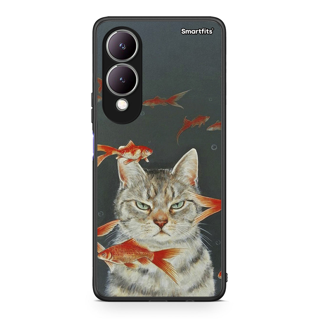 Vivo Y17s Cat Goldfish θήκη από τη Smartfits με σχέδιο στο πίσω μέρος και μαύρο περίβλημα | Smartphone case with colorful back and black bezels by Smartfits