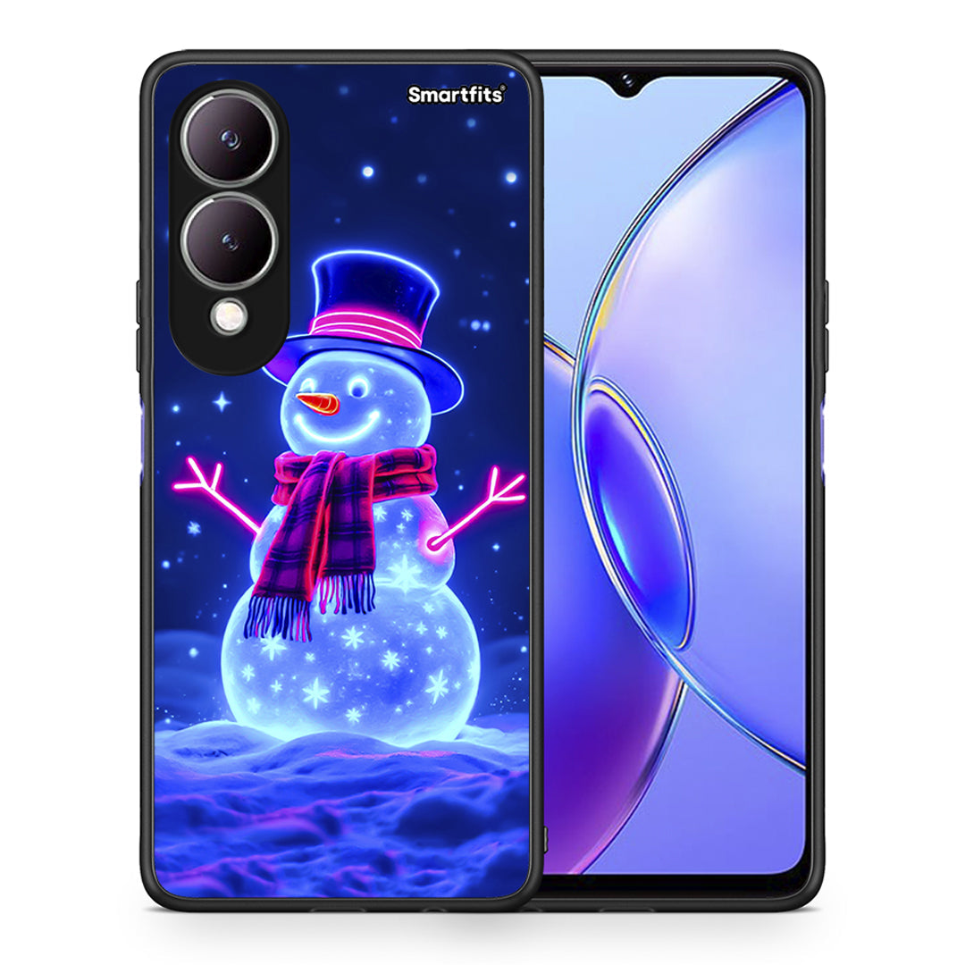 Θήκη Vivo Y17s Christmas Neon Snowman από τη Smartfits με σχέδιο στο πίσω μέρος και μαύρο περίβλημα | Vivo Y17s Christmas Neon Snowman case with colorful back and black bezels