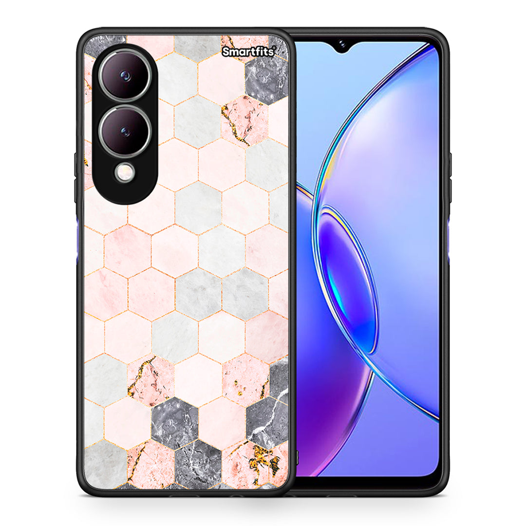 Θήκη Vivo Y17s Hexagon Pink Marble από τη Smartfits με σχέδιο στο πίσω μέρος και μαύρο περίβλημα | Vivo Y17s Hexagon Pink Marble case with colorful back and black bezels