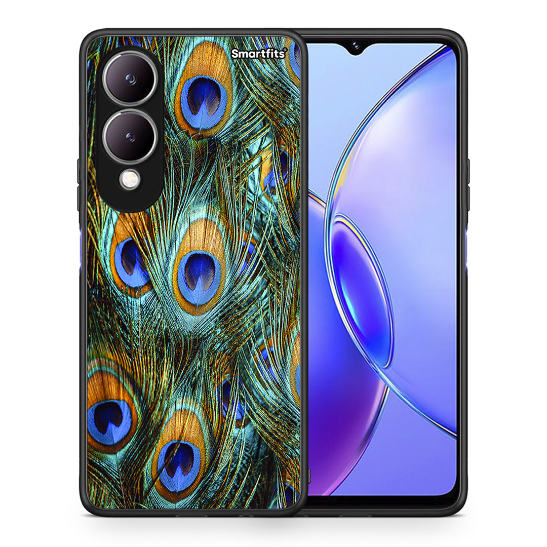 Θήκη Vivo Y17s Real Peacock Feathers από τη Smartfits με σχέδιο στο πίσω μέρος και μαύρο περίβλημα | Vivo Y17s Real Peacock Feathers case with colorful back and black bezels