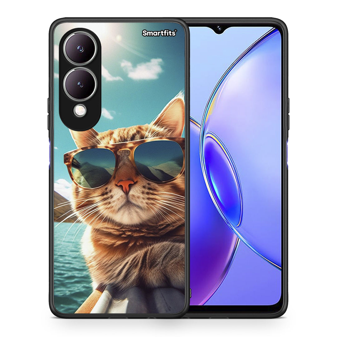 Θήκη Vivo Y17s Summer Cat από τη Smartfits με σχέδιο στο πίσω μέρος και μαύρο περίβλημα | Vivo Y17s Summer Cat case with colorful back and black bezels