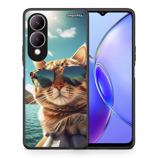 Θήκη Vivo Y17s Summer Cat από τη Smartfits με σχέδιο στο πίσω μέρος και μαύρο περίβλημα | Vivo Y17s Summer Cat case with colorful back and black bezels