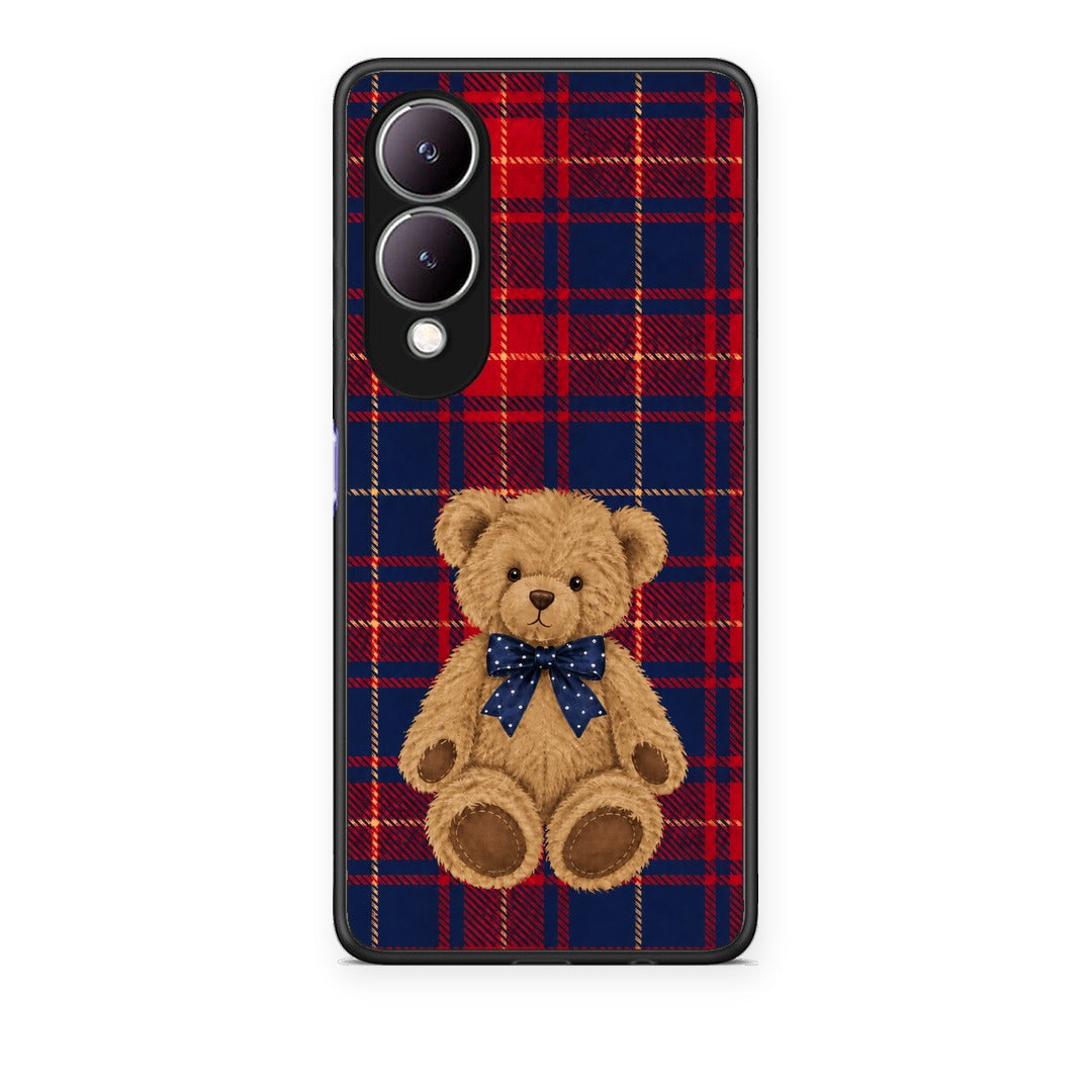 Θήκη Vivo Y17s Teddy Bear on Red and Navy Tartan από τη Smartfits με σχέδιο στο πίσω μέρος και μαύρο περίβλημα | Vivo Y17s Teddy Bear on Red and Navy Tartan case with colorful back and black bezels