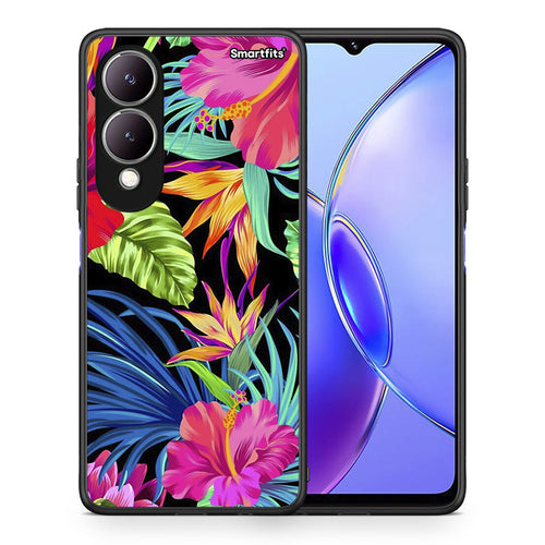 Θήκη Vivo Y17s Tropical Flowers από τη Smartfits με σχέδιο στο πίσω μέρος και μαύρο περίβλημα | Vivo Y17s Tropical Flowers case with colorful back and black bezels