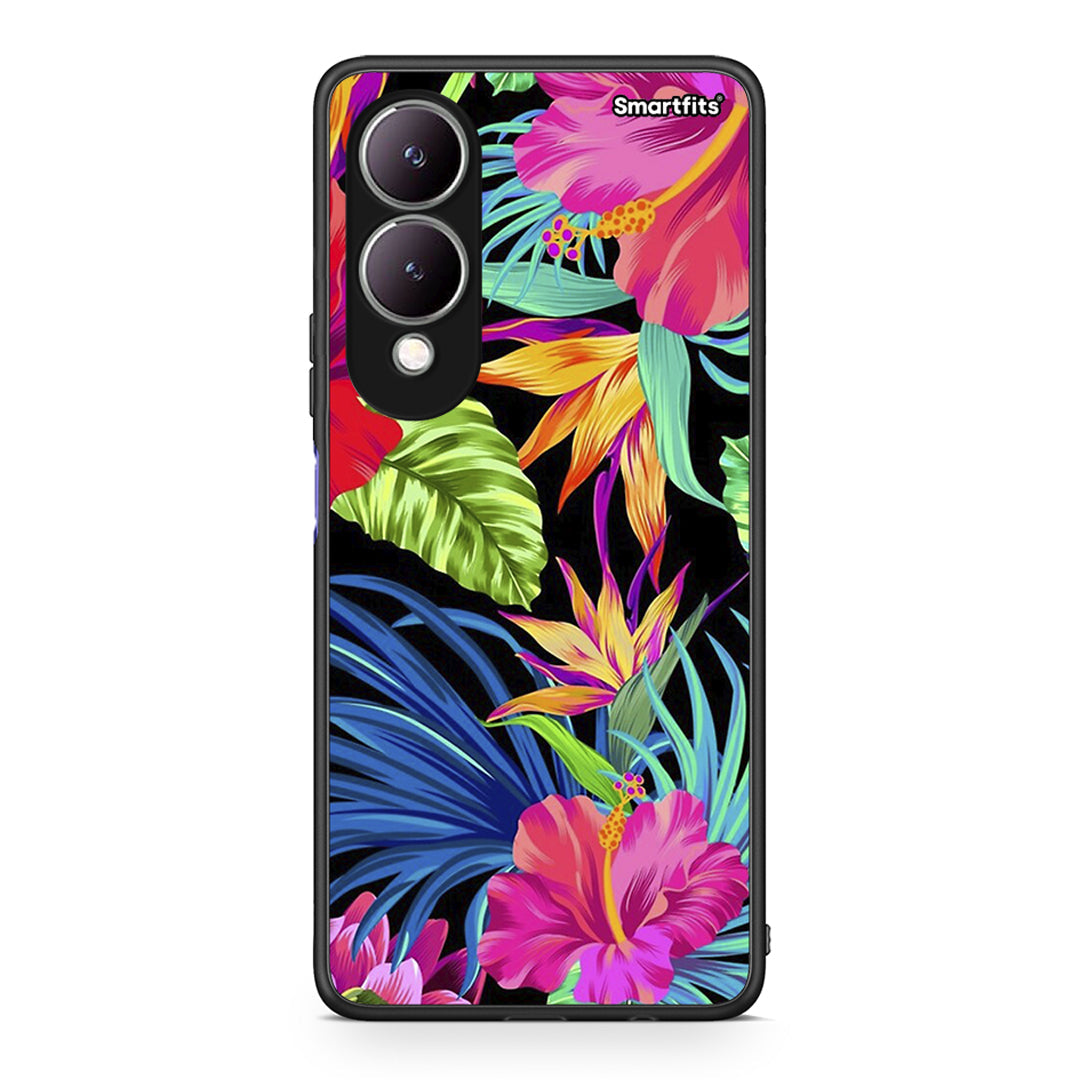 Vivo Y17s Tropical Flowers θήκη από τη Smartfits με σχέδιο στο πίσω μέρος και μαύρο περίβλημα | Smartphone case with colorful back and black bezels by Smartfits