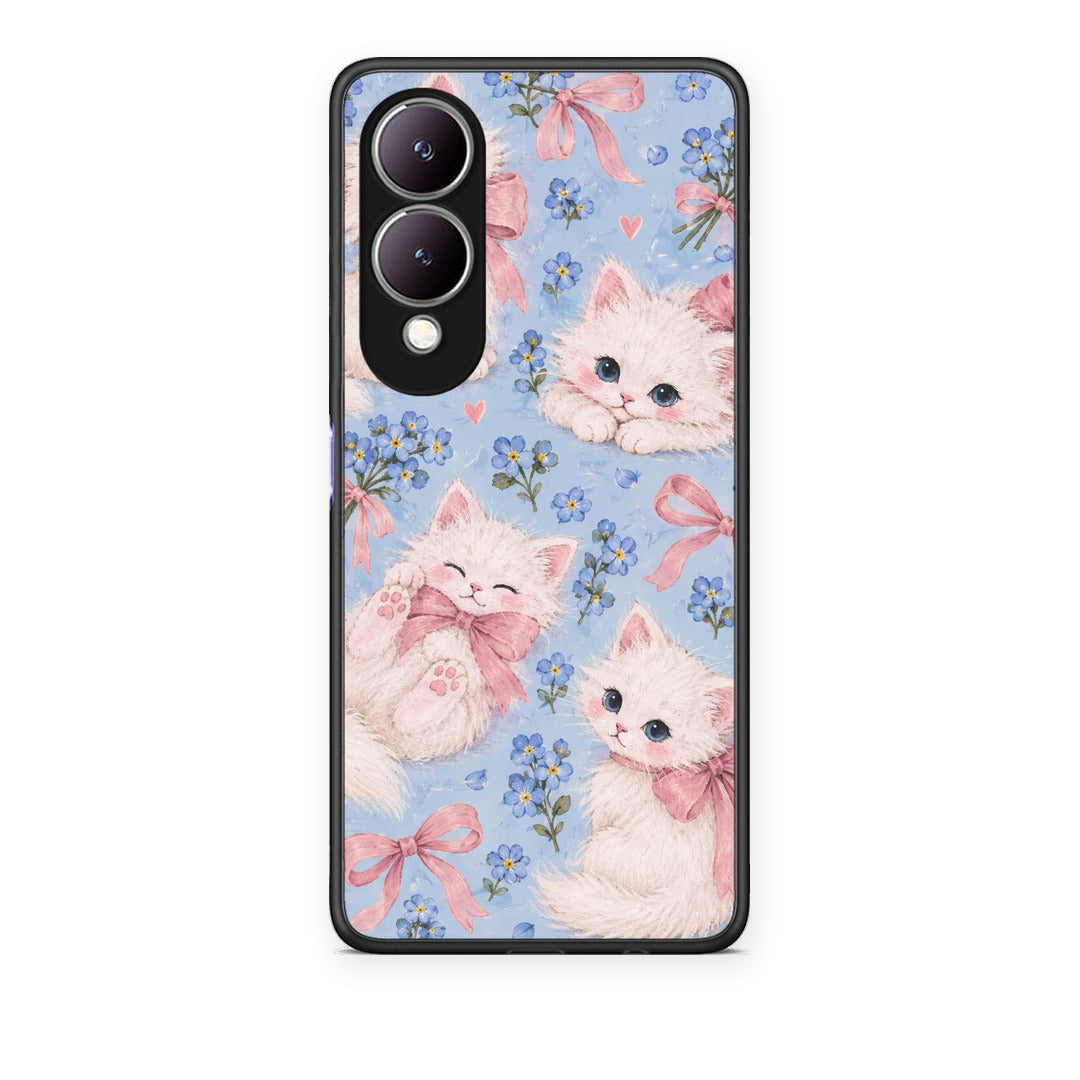 Θήκη Vivo Y17s White Kittens and Blue Flowers Large από τη Smartfits με σχέδιο στο πίσω μέρος και μαύρο περίβλημα | Vivo Y17s White Kittens and Blue Flowers Large case with colorful back and black bezels