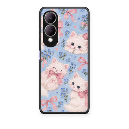 Θήκη Vivo Y17s White Kittens and Blue Flowers Large από τη Smartfits με σχέδιο στο πίσω μέρος και μαύρο περίβλημα | Vivo Y17s White Kittens and Blue Flowers Large case with colorful back and black bezels