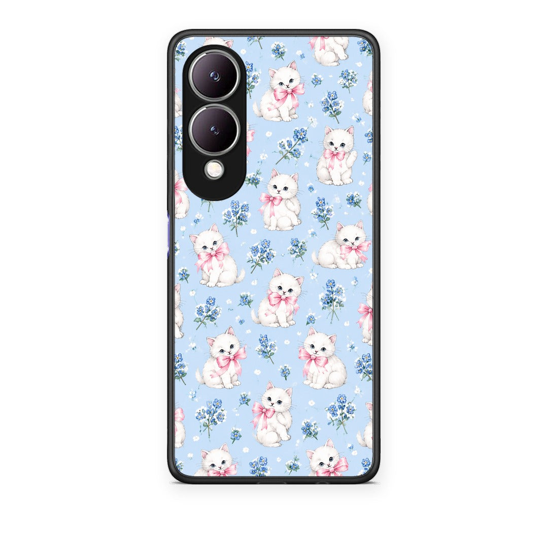 Θήκη Vivo Y17s White Kittens and Blue Flowers Small από τη Smartfits με σχέδιο στο πίσω μέρος και μαύρο περίβλημα | Vivo Y17s White Kittens and Blue Flowers Small case with colorful back and black bezels