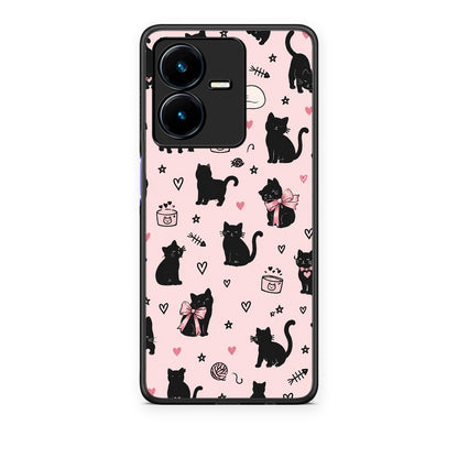 Θήκη Vivo Y22 Black Cat Doodles on Pink από τη Smartfits με σχέδιο στο πίσω μέρος και μαύρο περίβλημα | Vivo Y22 Black Cat Doodles on Pink case with colorful back and black bezels