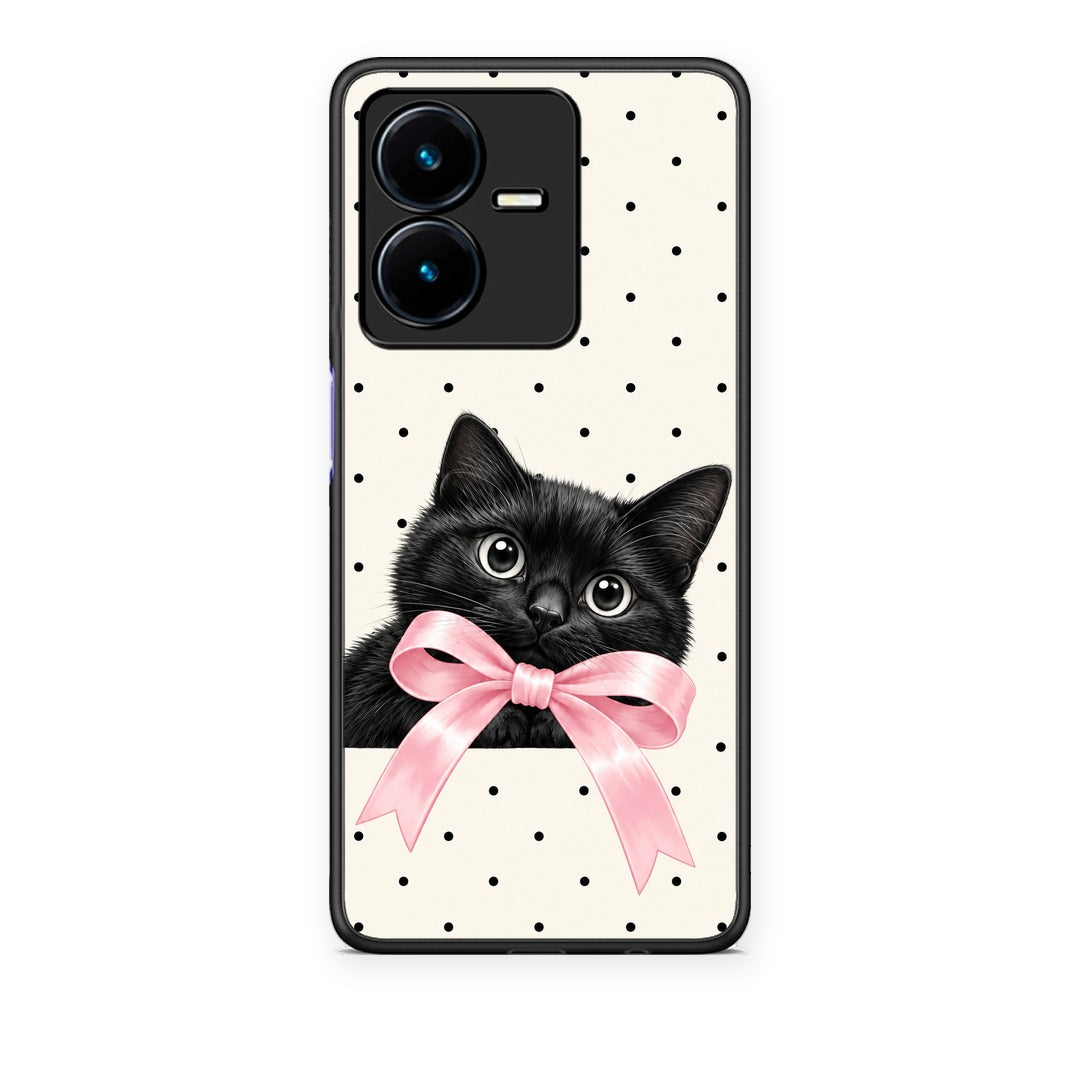 Θήκη Vivo Y22 Black Kitten Pink Bow and Polka Dots από τη Smartfits με σχέδιο στο πίσω μέρος και μαύρο περίβλημα | Vivo Y22 Black Kitten Pink Bow and Polka Dots case with colorful back and black bezels